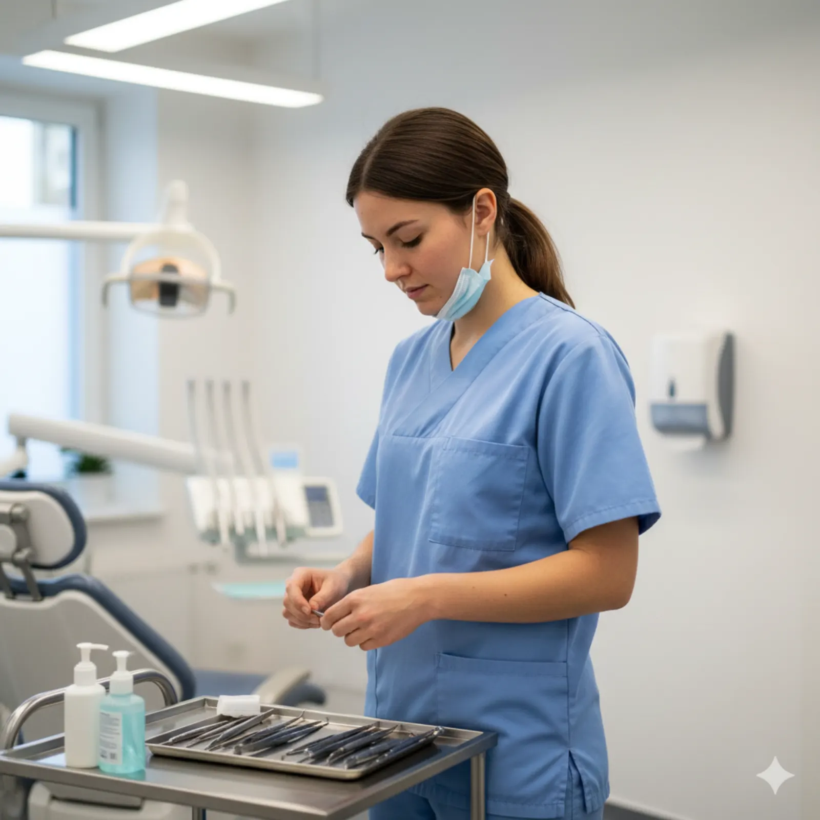 Zahnmedizinische Fachangestellte bei der Arbeit - Instrumentenvorbereitung im Behandlungsraum einer modernen Zahnarztpraxis